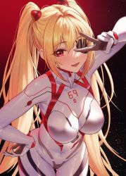 Rule 34 | 1girl, blonde hair, bodysuit, breasts, cosplay, cowboy shot, evangelion: 3.0+1.0 thrice upon a time, eyepatch, from above, gradient background, hair between eyes, hand on own hip, highres, impossible bodysuit, impossible clothes, large breasts, leaning forward, long hair, looking at viewer, neon genesis evangelion, numbered, open mouth, original, parted hair, plugsuit, rebuild of evangelion, red eyes, sidelocks, simple background, smile, solar (happymonk), solo, souryuu asuka langley (cosplay), thigh gap, twintails, v, v over eye, very long hair, white bodysuit, wide hips