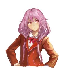 Rule 34 | 10s, 1girl, absurdres, bad id, bad pixiv id, blush, guilty crown, hair ornament, hairclip, hand on own hip, highres, long hair, looking away, pauld, pink hair, red eyes, school uniform, simple background, solo, twintails, upper body, white background, yuzuriha inori
