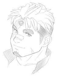 Rule 34 | 1boy, akiha gongen (housamo), bandaid, bandaid on face, bandaid on nose, bara, facial hair, goatee, high collar, highres, horns, light smile, looking at viewer, male focus, monochrome, multicolored hair, scar, scar across eye, scar on chin, scar on face, short hair, simple background, single horn, sketch, solo, thick eyebrows, tokyo houkago summoners, two-tone hair, undercut, wasp (anthyutena), white background