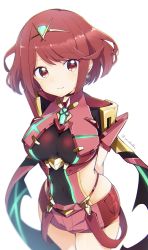 Rule 34 | 1girl, bafarin, black gloves, breasts, chest jewel, earrings, fingerless gloves, gloves, highres, jewelry, large breasts, pyra (xenoblade), red eyes, red hair, red shorts, red thighhighs, short hair, short shorts, shorts, solo, swept bangs, thighhighs, tiara, xenoblade chronicles (series), xenoblade chronicles 2