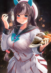 Rule 34 | 1girl, beret, blue eyes, blunt bangs, blush, braid, breasts, brown hair, food, hat, highres, hokko tarumae (umamusume), horse girl, kawai (purplrpouni), large breasts, long hair, long sleeves, looking at viewer, purple eyes, see-through, see-through shirt, shirt, smile, solo, twin braids, umamusume