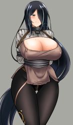 Rule 34 | 1girl, bad id, bad pixiv id, black hair, black pantyhose, blush, breasts, cleavage, collar, covered erect nipples, curvy, epic seven, frown, green eyes, grey background, hair over one eye, highres, huge breasts, long hair, looking at viewer, mole, mole under eye, monoglove, pantyhose, rebake, restrained, sash, simple background, solo, standing, straitjacket, thigh gap, very long hair, vivian (epic seven), wide hips