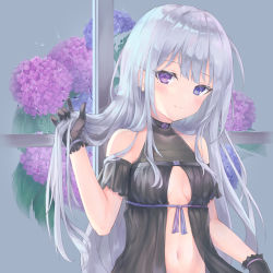 Rule 34 | 1girl, bare shoulders, black gloves, blue eyes, blush, breasts, cleavage, closed mouth, flower, gloves, grey hair, hand up, heterochromia, highres, holding, holding hair, hydrangea, long hair, looking at viewer, mole, mole under eye, navel, off shoulder, original, parufeito, purple eyes, purple ribbon, ribbon, sidelocks, small breasts, smile, solo, underboob, wet