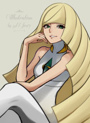 Rule 34 | 1girl, blonde hair, breasts, commentary request, creatures (company), diamond (shape), dress, echizen (n fns17), eyelashes, game freak, gem, green eyes, green gemstone, grey background, hand up, highres, leggings, long hair, looking at viewer, lusamine (pokemon), nintendo, pokemon, pokemon sm, sleeveless, sleeveless dress, smile, solo, very long hair, white dress, white leggings