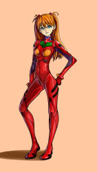 Rule 34 | 1girl, blue eyes, bodysuit, brown hair, covered navel, cowboy shot, hand on own hip, highres, long hair, looking at viewer, neon genesis evangelion, plugsuit, red bodysuit, shinn0512, shiny clothes, solo, souryuu asuka langley, two side up, wide hips