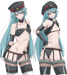 1girl aqua_hair belt boco_deco breasts channel_(_caststation)_(style) detached_sleeves elbow_gloves fishnet_pantyhose fishnet_thighhighs fishnets gloves hatsune_miku hatsune_miku_no_shoushitsu_(vocaloid) highres long_hair midriff multiple_views navel pantyhose small_breasts star_(symbol) sweat thighhighs very_long_hair