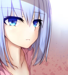 Rule 34 | 1girl, aoi kao (lsz7106), blue eyes, breasts, collarbone, commentary, commentary request, date a live, expressionless, hair between eyes, highres, looking at viewer, medium breasts, pink shirt, shirt, silver hair, solo, tobiichi origami