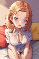 Rule 34 | 1girl, alternate costume, annette fantine dominic, black panties, blue eyes, blush, breasts, cleavage, collared shirt, dress shirt, fire emblem, fire emblem: three houses, forehead, from above, highres, large breasts, leonmandala, long hair, looking at viewer, looking up, nintendo, on bed, open mouth, orange hair, panties, partially unbuttoned, pillow, shirt, short sleeves, sitting, solo, thigh gap, underwear, white shirt