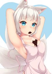 Rule 34 | 1girl, alternate costume, animal ears, apron, arms behind head, arms up, azur lane, bad id, bad pixiv id, between breasts, blue eyes, blunt bangs, breasts, candy, chocolate, chocolate bar, cleavage, collarbone, food, fox ears, heart, heart background, kaga (azur lane), ketsujou nora, kitsune, looking at viewer, medium breasts, melting, mouth hold, multiple tails, naked apron, pink apron, raised eyebrows, short hair, silver hair, solo, tail, tareme, upper body