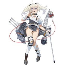 Rule 34 | 1girl, @ @, ahoge, bandaged arm, bandaged leg, bandages, bandaid, bandaid hair ornament, bandaid on leg, black footwear, black surge night, blonde hair, boots, breasts, cane, full body, hair ornament, knee pads, leipzig (black surge night), looking at viewer, official art, open mouth, rigging, searchlight, short sleeves, single thighhigh, solo, sweat, tears, thighhighs, transparent background, twintails, waterkuma, white thighhighs