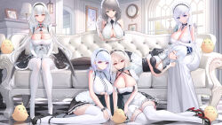 Rule 34 | 6+girls, absurdres, anchor choker, apron, azur lane, bare shoulders, belfast (azur lane), black footwear, black hairband, black skirt, black thighhighs, blue eyes, blue hair, bracelet, braid, breasts, broken, broken chain, center frills, chain, charybdis (azur lane), checkered floor, choker, cleavage, clock, closed eyes, closed mouth, clothing cutout, collar, collarbone, commentary, couch, dido (azur lane), drawing (object), dress, elbow gloves, english commentary, framed breasts, french braid, frilled apron, frilled choker, frills, full body, gloves, grey eyes, grey hair, hair between eyes, hairband, hermione (azur lane), high heels, highres, huge breasts, implacable (azur lane), indoors, jewelry, lace-trimmed hairband, lace trim, lap pillow, large breasts, little bel (azur lane), long dress, long hair, looking at viewer, lying, maid, maid apron, maid headdress, manjuu (azur lane), medium hair, metal collar, multiple girls, on couch, on side, paid reward available, pantyhose, puffy short sleeves, puffy sleeves, purple eyes, red eyes, reflection, reflective floor, revision, ring, scylla (azur lane), shirt, shoes, short hair, short sleeves, simple background, sirius (azur lane), sitting, skirt, sleeping, sleeveless, sleeveless shirt, smile, thighhighs, tina (tinafya), twintails, underboob, underboob cutout, very long hair, waist apron, wedding ring, white apron, white background, white dress, white gloves, white hair, white pantyhose, white thighhighs, window, zettai ryouiki