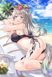 Rule 34 | 1girl, :d, arknights, ass, bare shoulders, beach, beach chair, bikini, black bikini, black nails, blue sky, chinese commentary, cloud, commentary request, day, feet out of frame, flower, grey eyes, hair flower, hair ornament, lappland (arknights), looking at viewer, material growth, nail polish, ocean, open mouth, oripathy lesion (arknights), outdoors, partial commentary, red flower, ryuu32, scar, scar across eye, scar on face, side-tie bikini bottom, silver hair, sky, smile, solo, swimsuit, tail, thighs, water, wolf tail