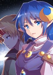 Rule 34 | 1boy, 1girl, ahoge, blonde hair, blue eyes, blue hair, claude kenni, closed mouth, crescent, crescent hair ornament, hair ornament, highres, jacket, looking at viewer, open mouth, pointy ears, rena lanford, short hair, star (sky), star ocean, star ocean the second story, strail cycleman