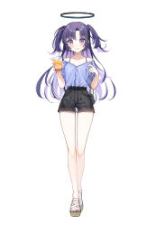 Rule 34 | 1girl, alternate costume, bag, black shorts, blue archive, blue eyes, blue nails, blue shirt, blush, casual, closed mouth, collarbone, commentary, cup, disposable cup, feet, full body, halo, hands up, highres, holding, holding cup, kurape (pat1na), long hair, looking at viewer, nail polish, off-shoulder shirt, off shoulder, purple hair, sandals, shirt, shorts, shoulder bag, simple background, smile, solo, standing, tachi-e, toenail polish, toenails, toes, two side up, white background, yuuka (blue archive)
