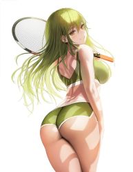 Rule 34 | 1girl, :d, ahoge, arm at side, ass, ass focus, bare shoulders, blush, bra, breasts, cowboy shot, dolphin shorts, from behind, green eyes, green hair, green nails, green sports bra, grin, hair between eyes, holding, holding racket, large breasts, long hair, looking at viewer, looking back, looking to the side, myabit, nail polish, navel, non-web source, open mouth, original, playing sports, racket, short shorts, shorts, shoulder blades, sidelocks, smile, solo, sports bra, sportswear, standing, teeth, tennis, thighs, third-party edit, twintails, underbutt, underwear, white background
