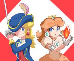 Rule 34 | 2girls, blonde hair, breasts, brown hair, crown, dress, earrings, fire, fire daisy, flower earrings, friends, gloves, grin, hat, highres, holding, holding sword, holding weapon, jewelry, kirihoshi, long hair, looking at another, mario (series), medium breasts, multiple girls, nintendo, orange dress, power-up, princess daisy, princess peach, princess peach: showtime!, puffy short sleeves, puffy sleeves, serious, short sleeves, small breasts, smile, standing, super mario bros. wonder, sword, swordfighter peach, transformation, weapon
