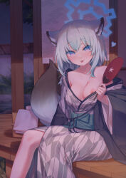 Rule 34 | 1girl, :p, aeon ion, animal ears, bath yukata, blue archive, blush, breasts, cleavage, collarbone, commentary, grey kimono, hair between eyes, halo, hand fan, heart, highres, japanese clothes, kimono, looking at viewer, medium breasts, nipples, off shoulder, official alternate costume, purple eyes, shigure (blue archive), shigure (hot spring) (blue archive), sitting, smile, solo, tongue, tongue out, weasel ears, yukata