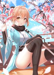 Rule 34 | 1girl, :o, absurdres, ahoge, arm guards, ass, black bow, black panties, black scarf, black thighhighs, blonde hair, blue sky, blush, bow, breasts, brown eyes, cherry blossoms, cloud, cloudy sky, day, fate/grand order, fate (series), feet out of frame, flower, hair bow, half updo, hand up, haori, highres, holding, holding flower, huge filesize, japanese clothes, kimono, knees up, looking at viewer, medium breasts, niji (rudduf232), obi, okita souji (fate), okita souji (koha-ace), outdoors, panties, parted lips, petals, sash, scarf, shinsengumi, short hair, short kimono, sitting, sky, solo, thighhighs, thighs, tree, underwear, white kimono