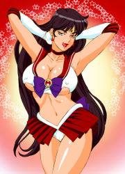 Rule 34 | 1990s (style), 1girl, adjusting hair, armpits, arms up, bishoujo senshi sailor moon, breasts, cameltoe, choker, cleavage, earrings, elbow gloves, eyelashes, gloves, hino rei, jewelry, large breasts, licking lips, lipstick, long hair, looking at viewer, makeup, midriff, naughty face, navel, panties, pantyshot, pleated skirt, rippadou, sailor mars, skirt, solo, standing, star (symbol), tiara, tongue, tongue out, underboob, underwear, upskirt
