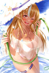Rule 34 | 1girl, ayakase hotaru, blonde hair, breasts, cleavage, dark skin, hat, hololive, looking at viewer, multicolored hair, one eye closed, open mouth, pointy ears, shiranui flare, smile, solo, streaked hair