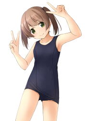 Rule 34 | 1girl, arm up, armpits, bare arms, bare shoulders, blue one-piece swimsuit, breasts, brown hair, closed mouth, collarbone, commentary request, double v, green eyes, head tilt, highres, looking at viewer, old school swimsuit, one-piece swimsuit, original, school swimsuit, shibacha, simple background, small breasts, smile, solo, standing, swimsuit, twintails, v, white background