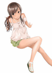 Rule 34 | 1girl, arm support, bare legs, bare shoulders, brown eyes, brown hair, camisole, female focus, hitori (htr t), jewelry, legs, long hair, looking at viewer, necklace, original, simple background, sitting, skirt, smile, solo, white background