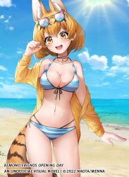 Rule 34 | 1girl, animal costume, animal ear fluff, animal ears, beach, bikini, blonde hair, blue bikini, breasts, cat ears, cat girl, cat tail, copyright notice, jewelry, kemono friends, kemono friends opening day, large breasts, looking at viewer, menna (0012), necklace, open mouth, serval (kemono friends), shirt, smile, solo, summer, sunglasses, swimsuit, tail, yellow eyes, yellow shirt