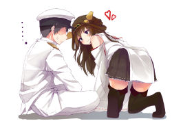 Rule 34 | 10s, 1boy, 1girl, admiral (kancolle), ahoge, all fours, bad id, bad pixiv id, blush, boots, brown hair, detached sleeves, japanese clothes, kantai collection, kongou (kancolle), long hair, military, military uniform, ribbon-trimmed sleeves, ribbon trim, simple background, sitting, skirt, sweatdrop, thigh boots, thighhighs, uniform, white background, yuui hutabakirage