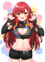 Rule 34 | 1girl, absurdres, animal collar, belt, black belt, black collar, black nails, black shorts, bra, breasts, cat o-ring, claw pose, cleavage, collar, crossed bangs, dot nose, fang, grey bra, hands up, highres, hoshino reiji, large breasts, light blush, looking at viewer, midriff, multicolored hair, nail polish, navel, nekota tsuna, nekota tsuna (1st costume), open mouth, paint splatter, paint stains, red hair, short shorts, shorts, shrug (clothing), sidelocks, simple background, stomach, stomach tattoo, streaked hair, striped bra, striped clothes, tattoo, torn clothes, underbust, underwear, v-shaped eyebrows, virtual youtuber, vspo!, yellow eyes
