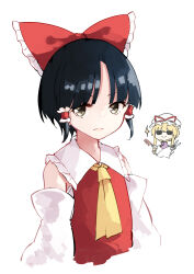 Rule 34 | 2girls, alternate hair length, alternate hairstyle, ascot, bare shoulders, black hair, blonde hair, bow, brown eyes, closed mouth, comb, deetamu, detached sleeves, hair bow, hair tubes, hakurei reimu, hat, highres, holding, holding comb, holding scissors, japanese clothes, mob cap, multiple girls, nontraditional miko, red bow, scissors, short hair, sidelocks, simple background, smile, sparkle, sunglasses, tabard, touhou, white background, white headwear, white sleeves, wide sleeves, yakumo yukari, yellow ascot