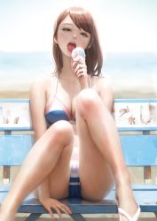 Rule 34 | 1girl, arm at side, arm support, arm up, bare arms, bare legs, bare shoulders, beach, bench, bikini, black eyes, blue bikini, blurry, blurry background, breasts, brown hair, cleavage, day, food, head tilt, holding, holding food, horizon, ice cream, ice cream cone, legs up, long hair, looking at viewer, medium breasts, melting, mujiha, no legwear, ocean, open mouth, original, outdoors, parted bangs, reflection, round teeth, sandals, shadow, shore, sitting, sky, solo, squinting, summer, swimsuit, tan, tanline, teeth, tongue, upper body