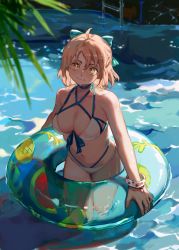 Rule 34 | 1girl, ahoge, aqua bow, bare shoulders, bikini, blonde hair, blurry, blurry foreground, bow, bracelet, breasts, cleavage, cropped legs, fate/grand order, fate (series), feet out of frame, hair bow, hair ribbon, head tilt, highres, innertube, jewelry, large breasts, looking at viewer, medium breasts, medium hair, navel, okita j. souji (fate), okita j. souji (third ascension) (fate), okita souji (fate), okita souji (koha-ace), original, partially submerged, ribbon, smile, solo, standing, swim ring, swimsuit, tamomoko, transparent, wading, yellow eyes