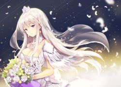 Rule 34 | 1girl, azur lane, bouquet, breasts, bride, cleavage, closed mouth, commentary request, crown, detached collar, dress, enterprise (azur lane), enterprise (starlight oath) (azur lane), feathers, floating hair, flower, jewelry, large breasts, long hair, looking at viewer, necklace, pink hair, purple eyes, rose, sibyl, smile, solo, standing, veil, wedding dress, white dress, white flower, white rose