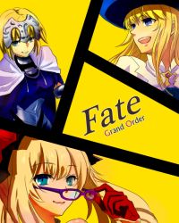 Rule 34 | 1boy, 2girls, androgynous, armor, bad id, bad pixiv id, blonde hair, blue eyes, blue hat, brooch, cape, capelet, chevalier d&#039;eon (fate), copyright name, fate/apocrypha, fate/grand order, fate (series), glasses, hat, jeanne d&#039;arc (fate), jeanne d&#039;arc (ruler) (fate), jewelry, long hair, marie antoinette (fate), multiple girls, omcm, parody, persona, persona 4, removing eyewear, sidelocks, style parody, yellow background
