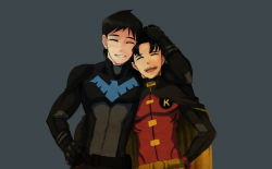 Rule 34 | 2boys, batman (series), black hair, bodysuit, brothers, cape, dc comics, dick grayson, family, jason todd, male focus, millgam, multiple boys, nightwing, pixiv sample, resized, robin (dc), siblings, smile, young justice, young justice: invasion