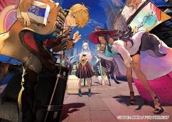 Rule 34 | 1boy, 2girls, alternate costume, anastasia (fate), animal ears, aqua eyes, black pants, blonde hair, blue sky, breasts, brown footwear, building, carrying bag, character request, day, dress, fate/grand order, fate (series), green eyes, hat, large breasts, leaning forward, looking at viewer, luggage, multiple girls, nozaki tsubata, official alternate costume, official art, outdoors, pants, red hat, road, road sign, scarf, shadow, sidewalk, sign, skirt, sky, skyscraper, standing, striped clothes, striped dress, striped scarf, striped skirt, tail, vertical-striped clothes, vertical-striped dress, vertical-striped skirt, watermark