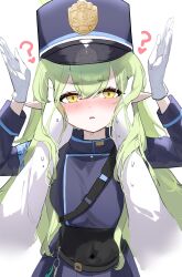 Rule 34 | 1girl, absurdres, blue archive, blush, gloves, green hair, hair between eyes, hand on another&#039;s face, highres, hikari (blue archive), kabedoru, long hair, navel, pointy ears, sidelocks, simple background, uniform, white background, white gloves, yellow eyes