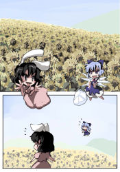 Rule 34 | &gt;:d, &gt;:p, 2girls, :d, :p, ^^^, animal ears, black hair, blue dress, blue eyes, blue hair, blush stickers, bow, chasing, chibi, cirno, cloud, comic, day, dress, female focus, field, flower, flower field, flying, gatau, hair bow, ice, inaba tewi, multiple girls, open mouth, pink dress, rabbit ears, silent comic, sky, smile, sunflower, sunflower field, tongue, tongue out, touhou, v-shaped eyebrows, wings