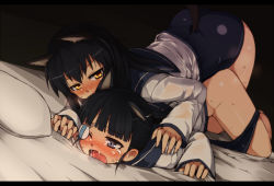 Rule 34 | 2girls, aged down, animal ears, black eyes, black hair, blush, clothed sex, doggystyle, dry humping, eyepatch, humping, long hair, multiple girls, null (nyanpyoun), one-piece swimsuit, open mouth, sakamoto mio, saliva, school swimsuit, sex, sex from behind, strike witches, strike witches zero, sweat, swimsuit, swimsuit under clothes, tears, wakamoto tetsuko, world witches series, yellow eyes, yuri