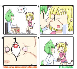 Rule 34 | 2girls, 4koma, :&gt;, absurdres, animal ears, artist name, blonde hair, blunt bangs, blush, chair, closed eyes, comic, commentary request, demon tail, desk, green hair, greenteaneko, hand in pocket, handshake, head wings, highres, lab coat, monster girl, motion lines, multiple girls, one eye closed, open mouth, original, pointy ears, red eyes, short hair, short shorts, shorts, silent comic, simple background, sitting, smile, sparkle, speech bubble, square 4koma, stool, tail, uneven eyes, watermark, web address, whiskers, white background, wings, | |