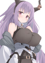Rule 34 | 1girl, absurdres, arknights, bare shoulders, black horns, black shirt, blush, breasts, closed mouth, commentary request, covered erect nipples, fake horns, from below, hand on own chest, highres, horns, jacket, large breasts, long hair, looking at viewer, off shoulder, purple hair, red eyes, shirt, simple background, sleeveless, sleeveless shirt, solo, strap, typhon (arknights), upper body, white background, white jacket, yuuko (oruta)