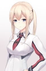 Rule 34 | 1girl, blonde hair, blue eyes, breasts, closed mouth, gradient background, graf zeppelin (kancolle), hair between eyes, hand on own hip, jenson tw, kantai collection, large breasts, long hair, long sleeves, looking at viewer, military, military uniform, necktie, side ponytail, uniform