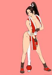 Rule 34 | 1girl, breasts, brown hair, cleavage, fatal fury, highres, large breasts, leaning forward, legs, long hair, ponytail, shiranui mai, smile, snk, solo, the king of fighters, thighs