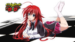 Rule 34 | 10s, 1girl, ahoge, blue eyes, breasts, checkered floor, chess piece, copyright name, demon girl, eyecatch, feet, hair between eyes, high school dxd, highres, large breasts, long hair, looking at viewer, lying, no shoes, official art, official wallpaper, on stomach, open mouth, queen (chess), red hair, rias gremory, school uniform, screencap, smile, socks, soles, solo, the pose, very long hair, wallpaper