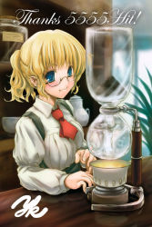 Rule 34 | 1girl, bar (place), blonde hair, blue eyes, blush, breasts, fire, fire, glass, glasses, indoors, large breasts, long sleeves, looking at viewer, machinery, necktie, original, plant, ponytail, potted plant, red necktie, semi-rimless eyewear, solo, suspenders, under-rim eyewear, underbust, yamakou, yamakou (pixiv16324)