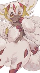 Rule 34 | 1girl, animal ears, blonde hair, body fur, claws, collarbone, colored eyelashes, dark-skinned female, dark skin, extra arms, faputa, feet out of frame, fewer digits, finger to own chin, haiyan cha, hand up, highres, horns, made in abyss, medium hair, monster girl, multicolored hair, multiple horns, multiple tails, navel, open mouth, red horns, sharp teeth, simple background, smile, solo, standing, streaked hair, tail, teeth, two-tone hair, white background, white fur, white hair, yellow eyes