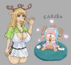 Rule 34 | 1boy, 1girl, antlers, breasts, cleavage, crown, dress, furry, heart, heart-shaped pupils, hetero, highres, holding, horns, huge breasts, large breasts, large hat, long hair, milky (one piece), one piece, reindeer, sideboob, size difference, smile, symbol-shaped pupils, tony tony chopper