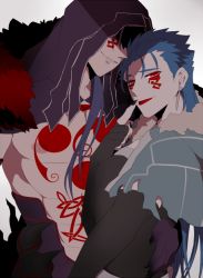 Rule 34 | 2boys, alter servant, bare pectorals, black nails, blue hair, capelet, cu chulainn (caster) (fate), cu chulainn (fate), cu chulainn (fate) (all), cu chulainn (fate/stay night), cu chulainn alter (fate), cu chulainn alter (fate/grand order), dark blue hair, dark persona, dual persona, earrings, elbow gloves, facial mark, fangs, fate/grand order, fate (series), fingerless gloves, fur-trimmed hood, fur collar, fur trim, gloves, hood, hood up, hooded capelet, jewelry, lancer, long hair, looking at viewer, male focus, multiple boys, nail polish, namahamu (hmhm 81), pectorals, red eyes
