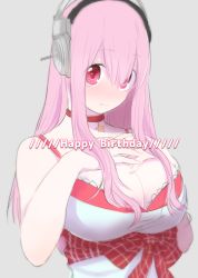 Rule 34 | 1girl, bad id, bad pixiv id, blush, breasts, cleavage, female focus, hands on own chest, happy birthday, headphones, highres, large breasts, long hair, looking at viewer, mi koto, nitroplus, no nose, pink hair, red eyes, smile, solo, super sonico