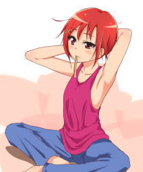 Rule 34 | 10s, 1girl, armpits, casual, collarbone, hair ornament, hairclip, hino akane (smile precure!), mouth hold, pants, precure, red eyes, red hair, ribbon, sch, smile precure!, solo, tank top